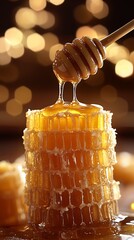 Poster - Golden Honey Dripping from a Honeycomb in a Warm and Inviting Atmosphere : Generative AI