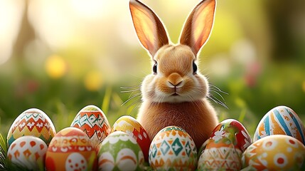 Poster - Cute Bunny Surrounded by Colorful Easter Eggs in a Beautiful Sunny Garden Setting : Generative AI