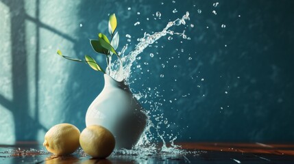 Wall Mural - Lemon splash in a white vase with dramatic lighting