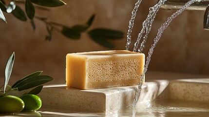 Aufkleber - Artisan Soap Bar Under Water with Olive Branch and Fresh Ingredients Enhancing Spa Vibe : Generative AI