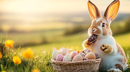 Poster - Charming Easter Bunny with Chocolate Treats Surrounded by Colorful Eggs in a Field : Generative AI