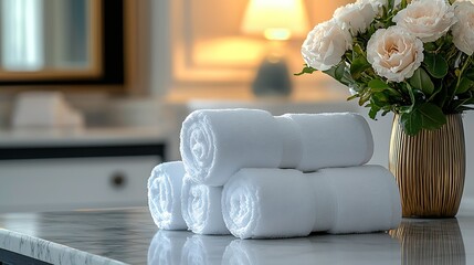 Poster - Elegant stack of white towels on a marble counter with a bouquet of roses in the background : Generative AI