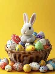 Poster - Cute fluffy rabbit sitting in a basket surrounded by colorful decorative Easter eggs on a bright yellow background : Generative AI