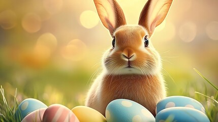 Poster - Adorable fluffy bunny surrounded by colorful Easter eggs in a vibrant spring meadow setting : Generative AI