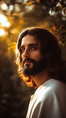 Aufkleber - Portrait of a young man with long hair and beard looking towards the camera illuminated by sunset light : Generative AI