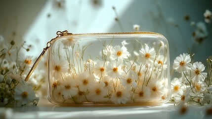 Fototapete - Beautiful transparent pouch filled with delicate white flowers illuminated by soft natural light in a serene setting : Generative AI
