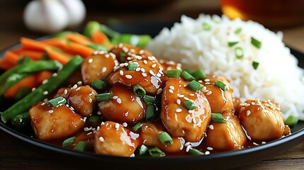 Aufkleber - Delicious Chicken Dish Served with Vegetables and Rice on a Black Plate : Generative AI