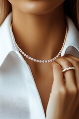 Aufkleber - Elegant close-up of a model showcasing a sparkling diamond necklace and ring with a chic white blouse : Generative AI