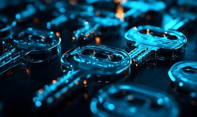 Poster - Close-up view of multiple translucent blue keys arranged on a dark reflective surface