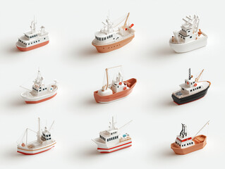 Fototapete - Icônes de bateaux de pêche en 3D sur fond blanc