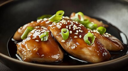 Aufkleber - Gourmet chicken pieces glazed with savory sauce and garnished with green onions served in a bowl : Generative AI