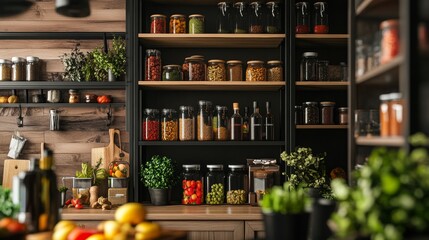 Wall Mural - Rustic kitchen shelves with spices and fresh herbs