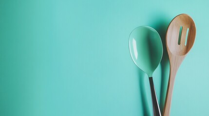 Canvas Print - Pastel-colored wooden spoons against a turquoise background