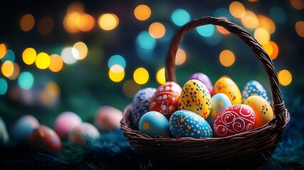 Poster - Colorful Easter Egg Basket Surrounded by Bokeh Lights for Festive Decoration : Generative AI