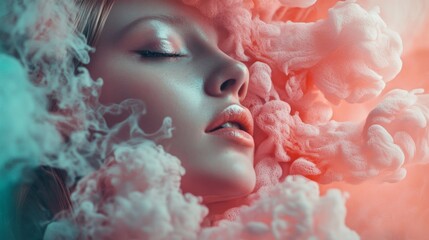 Canvas Print - Surreal portrait of a woman surrounded by clouds of pink smoke