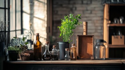 Wall Mural - Rustic kitchen interior with natural light and greenery