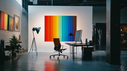 Wall Mural - Modern art gallery with vibrant abstract painting and seating