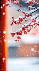 Aufkleber - Beautiful red flowers covered in snow against a soft blurred background in winter season : Generative AI