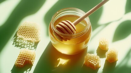 Poster - Delicious honey in a glass jar with honeycomb and a wooden dipper on a green background : Generative AI