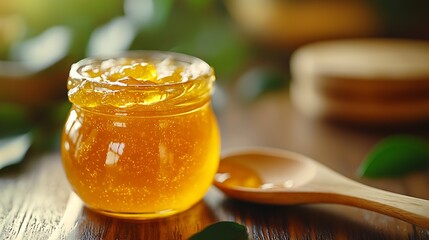 Poster - Vibrant Glass Jar of Honey Glimmering Under Soft Natural Light with Leafy Background : Generative AI