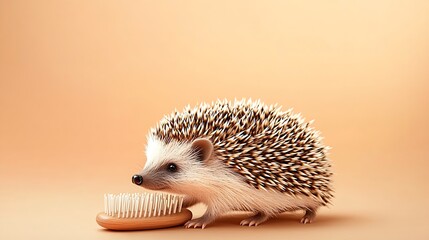 Aufkleber - Cute hedgehog with a pet brush on a soft colored background, perfect for animal lovers and pet care enthusiasts : Generative AI