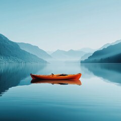 Leinwandbilder - Calm mountain lake with a singular kayak floating under a clear blue sky and distant towering peaks in the early morning. Generative AI