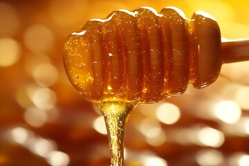 Poster - Close Up View of Golden Honey Dripping from a Honeycomb Dipper with Soft Bokeh Background : Generative AI