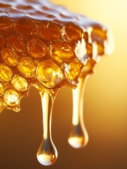 Poster - Close-up shot of golden honey dripping from a honeycomb against a blurred background of warmth : Generative AI