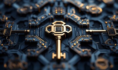 Poster - Golden key on dark metallic surface, abstract futuristic tech design concept