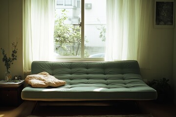 Wall Mural - A sunlit room with a green couch near a window with flowing curtains, casting gentle shadows, complemented by a soft pillow enhancing comfort and coziness.