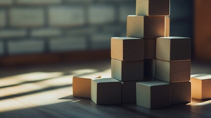 Leinwandbilder - Soothing arrangement of wooden blocks in tranquil light enhancing a playful setting : Generative AI