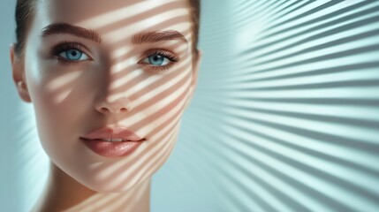 Poster - Striking portrait of a young woman with vivid blue eyes illuminated by dramatic shadows on her face : Generative AI