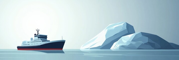 Fototapete - Research vessel navigates icy waters near massive glacier in Arctic region during bright day. Generative AI