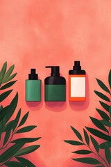 Wall Mural - A vibrant arrangement of three stylish cosmetic bottles framed by lush green leaves against a warm coral background.