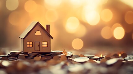 Aufkleber - Charming miniature wooden house among scattered coins symbolizing real estate investment and financial growth : Generative AI