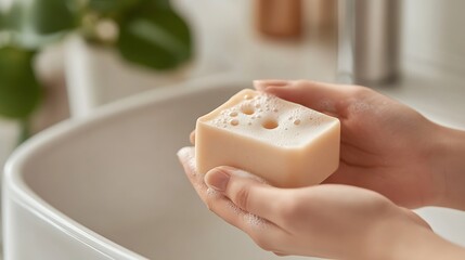 Aufkleber - Natural Handcrafted Soap in a Person's Hands with Bubbles and Soft Foam : Generative AI