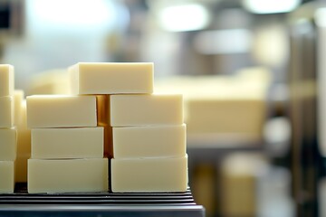 Poster - Stacked bars of creamy white soap arranged neatly in a modern production environment highlighting craftsmanship : Generative AI