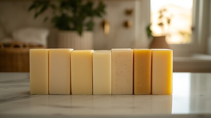 Poster - Neatly arranged variety of colored soap bars on a marble counter creating a fresh and clean ambiance : Generative AI