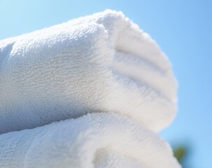 Poster - Freshly stacked white towels against a bright blue sky during a sunny day : Generative AI
