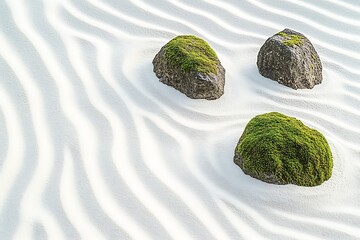 Poster - Calming view of zen garden showcasing mossy rocks arranged in wavy patterns of soft white sand : Generative AI