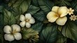 © nattapon - A beautiful composition of tropical flowers and large green leaves creates a vibrant, lush background, Ideal for nature-themed designs, marketing materials, or home decor projects,