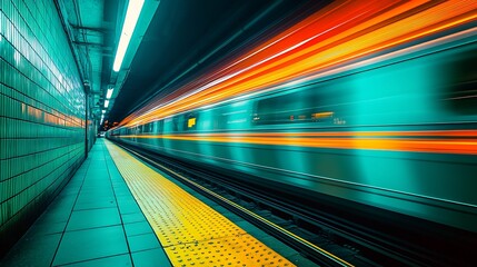 Poster - Vibrant visual of a moving train departing a subway station with striking colors : Generative AI