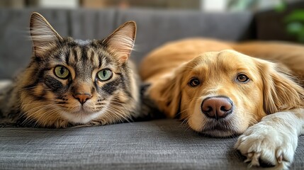 Poster - Adorable Cat and Dog Lying Together on a Couch Relaxing in Cozy Indoor Setting : Generative AI