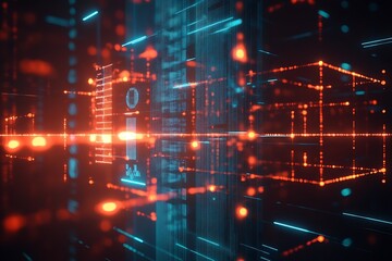 Fototapete - Dynamic futuristic digital landscape showing illuminated lines and cubes representing complex data interactions : Generative AI