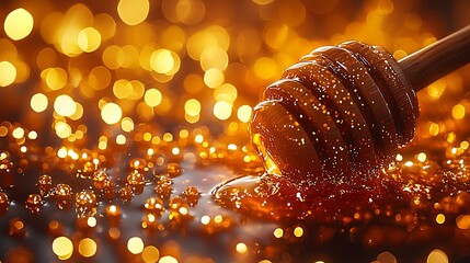 Poster - Glistening Honey Dripping from Wooden Dipper Creating a Beautiful Amber Background : Generative AI