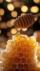 Poster - Close-Up of Honey Dripping from a Wooden Spoon Over a Glorious Honeycomb : Generative AI