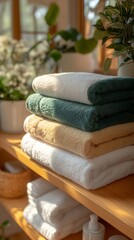Leinwandbilder - Colorful Towels Stacked Neatly on a Wooden Shelf Surrounded by Natural Decor Elements : Generative AI