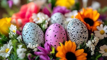 Aufkleber - Festive easter eggs in various colors displayed elegantly among fresh colorful spring flowers : Generative AI