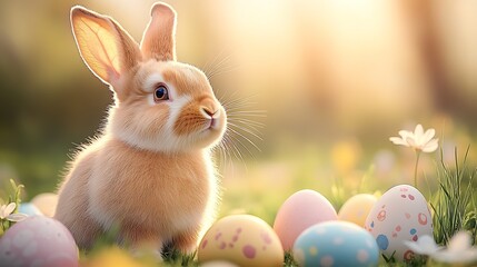 Poster - Charming little rabbit posing beside beautifully decorated Easter eggs in a vibrant outdoor setting : Generative AI