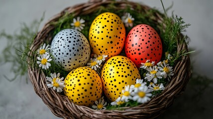 Aufkleber - Vibrant display of decorated Easter eggs nestled in a floral basket for charming festive joy : Generative AI
